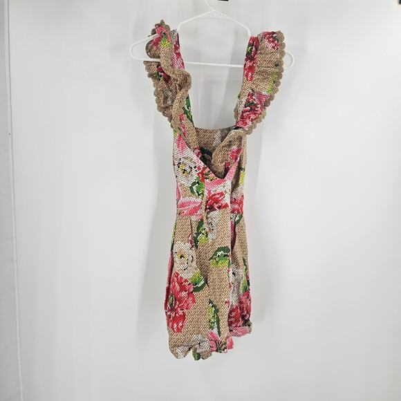 Farm Rio Crossback Linen Romper Brown Floral Ruffle Frilled Tie Waist Size S - Picture 7 of 9